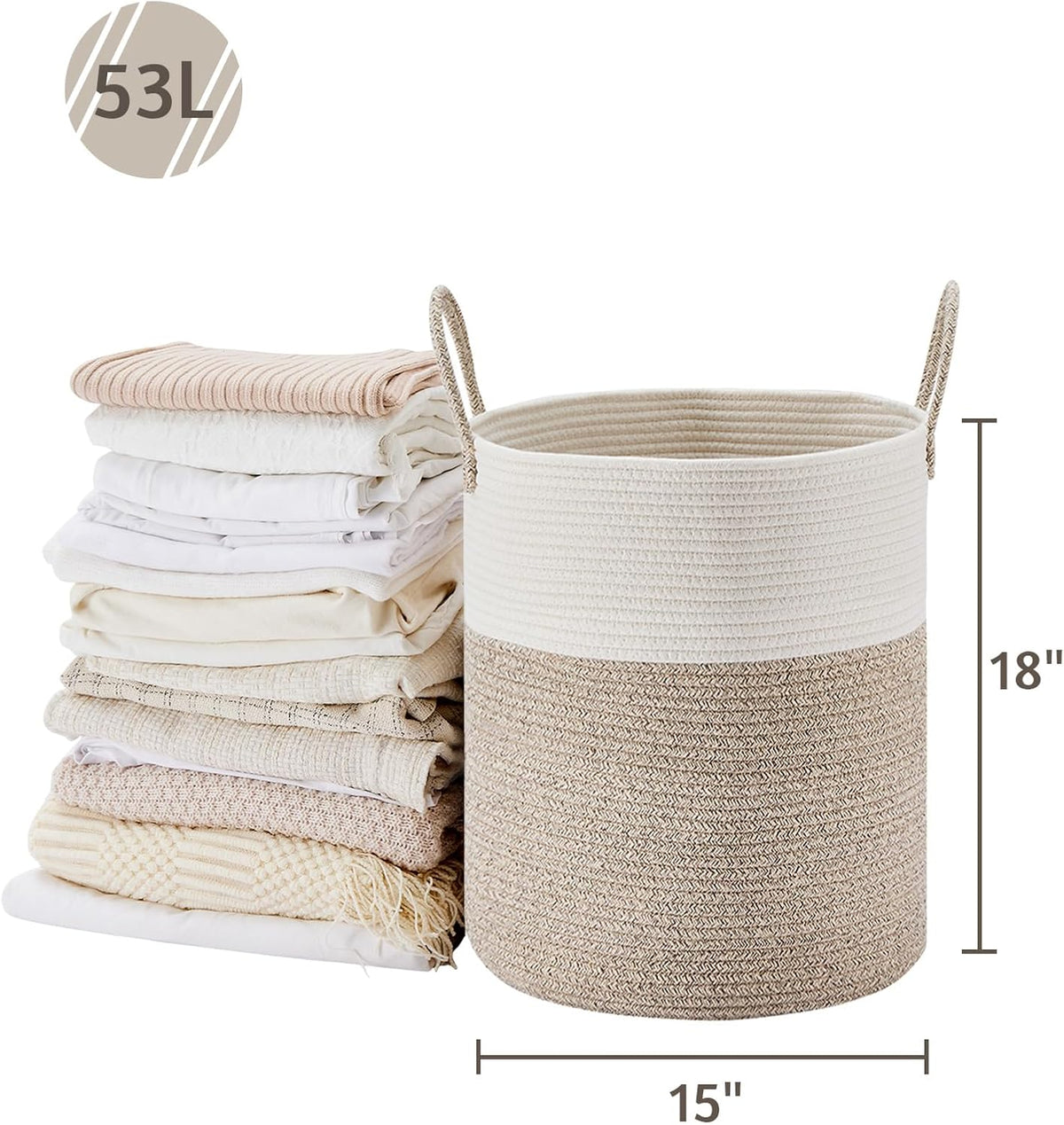 58L Tall Woven Laundry Basket Hamper, White Brown