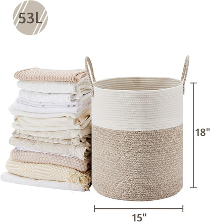 58L Tall Woven Laundry Basket Hamper, White Brown