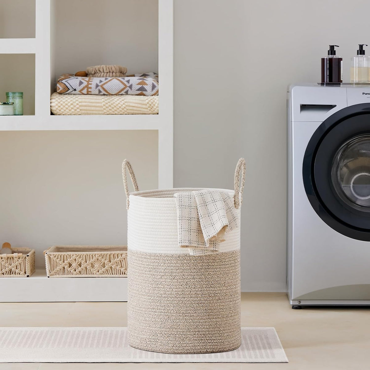 58L Tall Woven Laundry Basket Hamper, White Brown