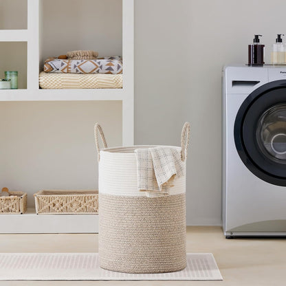 58L Tall Woven Laundry Basket Hamper, White Brown