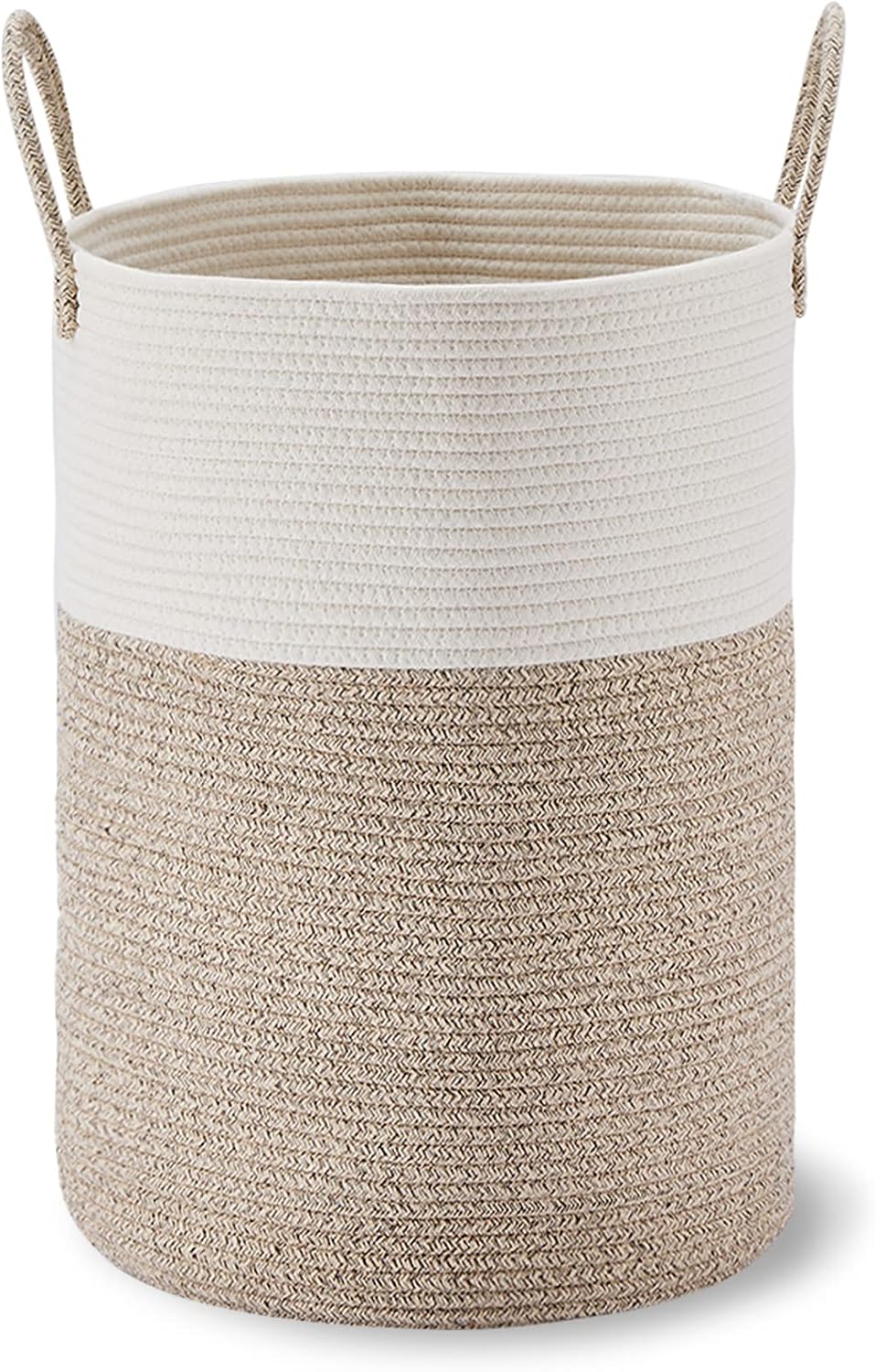 58L Tall Woven Laundry Basket Hamper, White Brown