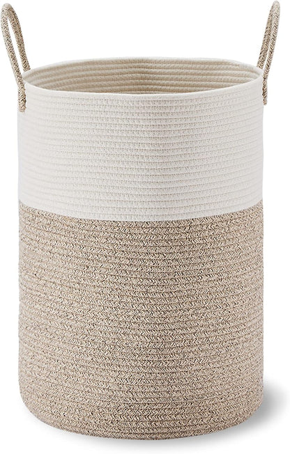 58L Tall Woven Laundry Basket Hamper, White Brown