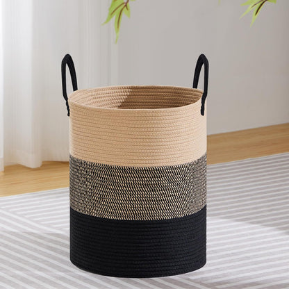 58L Tall Woven Laundry Basket Hamper, White Brown