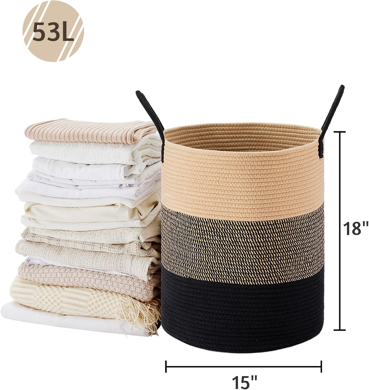58L Tall Woven Laundry Basket Hamper, White Brown