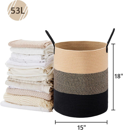 58L Tall Woven Laundry Basket Hamper, White Brown