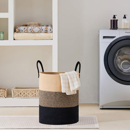 58L Tall Woven Laundry Basket Hamper, White Brown
