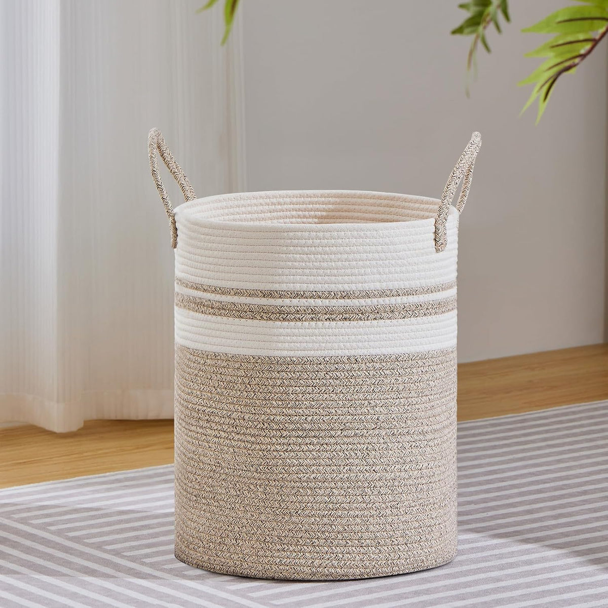 58L Tall Woven Laundry Basket Hamper, White Brown