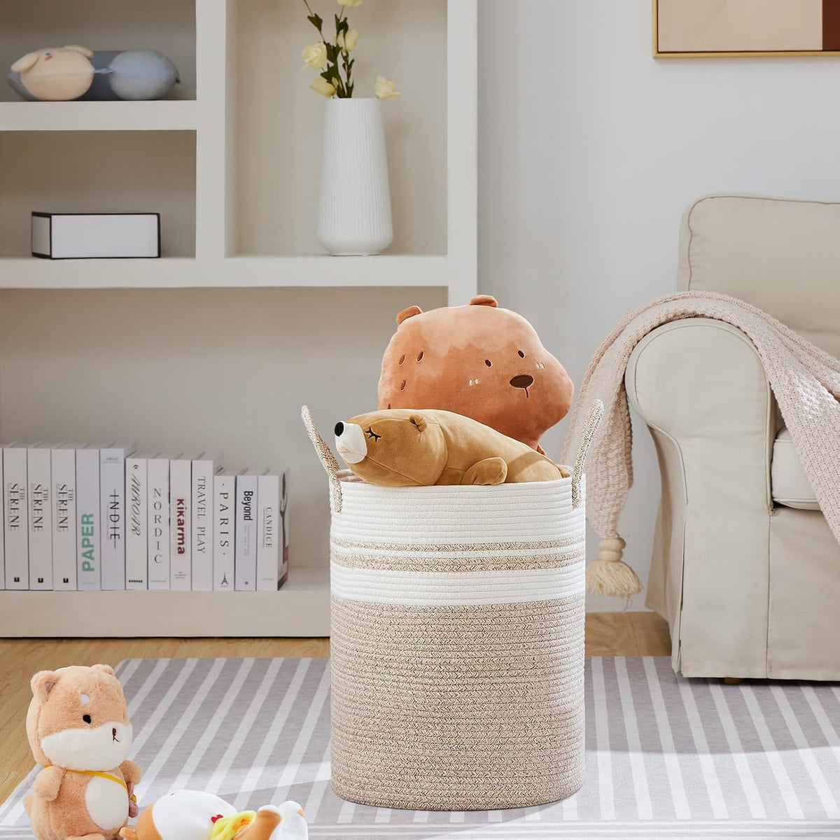 58L Tall Woven Laundry Basket Hamper, White Brown