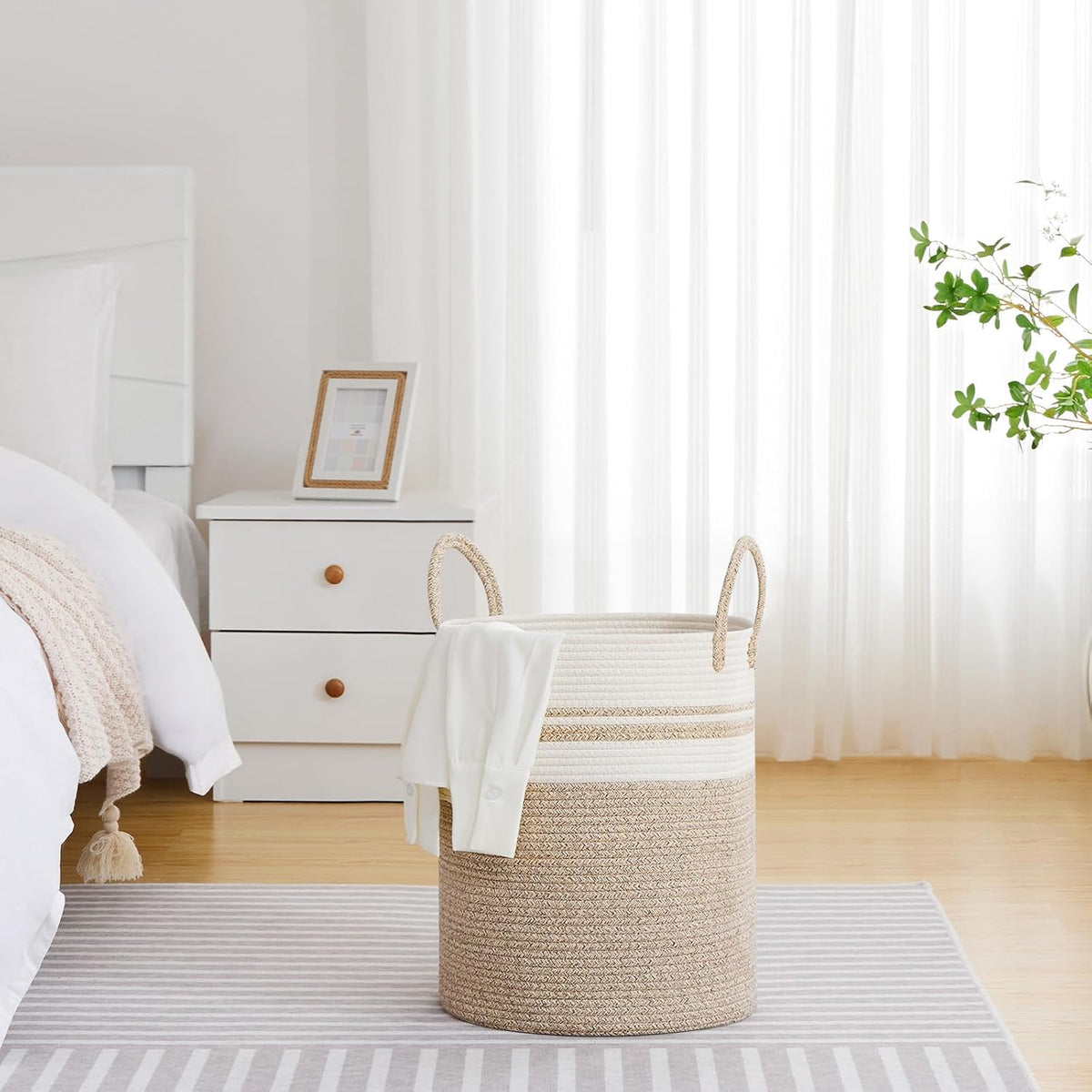 58L Tall Woven Laundry Basket Hamper, White Brown