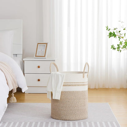58L Tall Woven Laundry Basket Hamper, White Brown