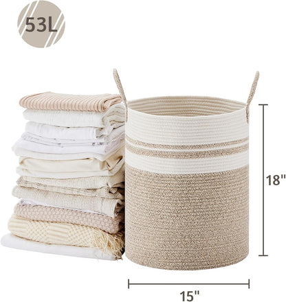 58L Tall Woven Laundry Basket Hamper, White Brown