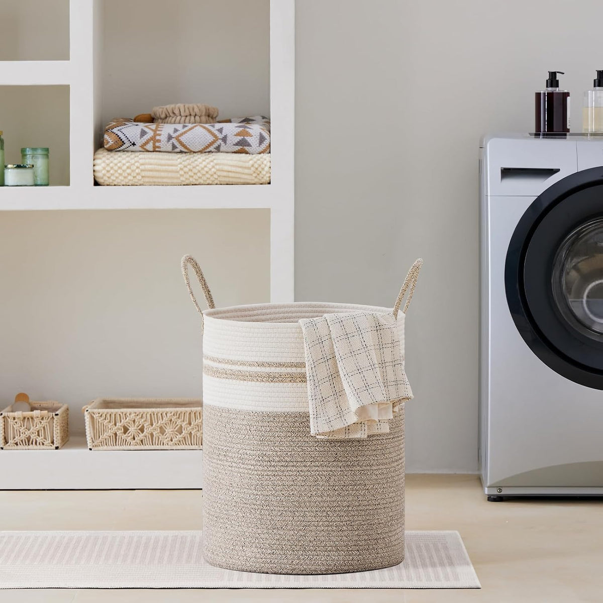 58L Tall Woven Laundry Basket Hamper, White Brown