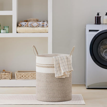 58L Tall Woven Laundry Basket Hamper, White Brown