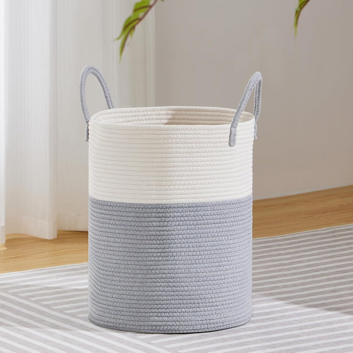 58L Tall Woven Laundry Basket Hamper, White Brown