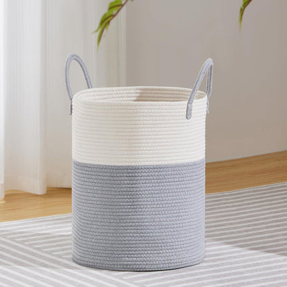 58L Tall Woven Laundry Basket Hamper, White Brown