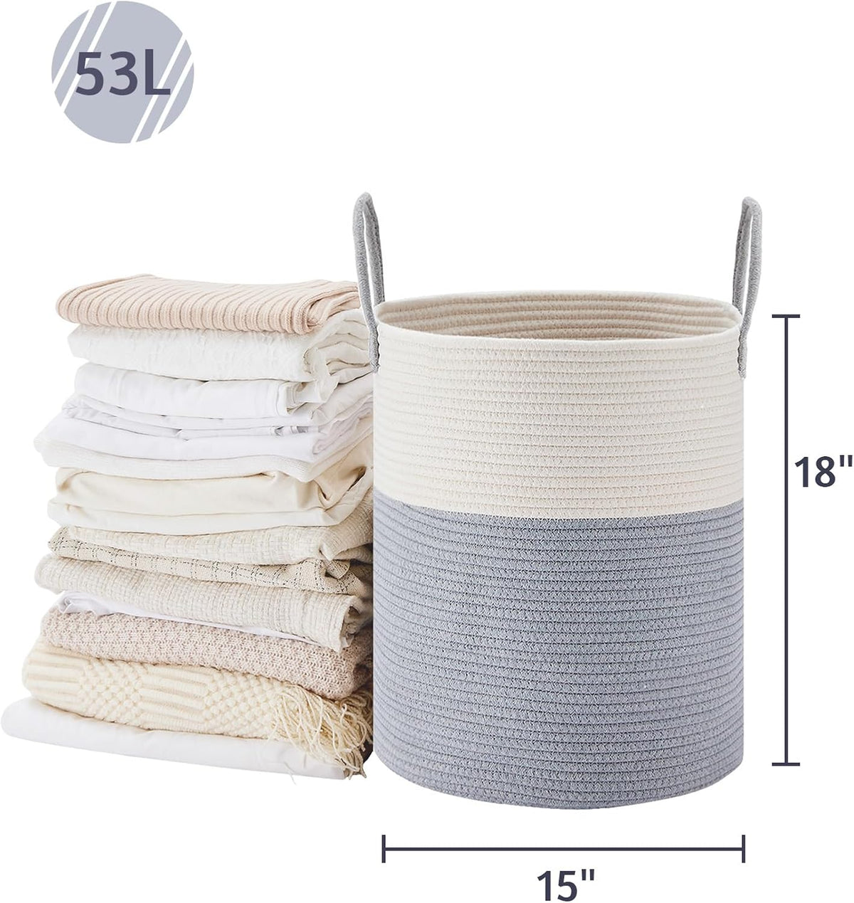 58L Tall Woven Laundry Basket Hamper, White Brown