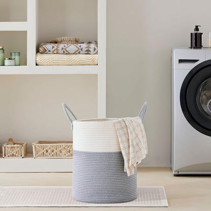 58L Tall Woven Laundry Basket Hamper, White Brown