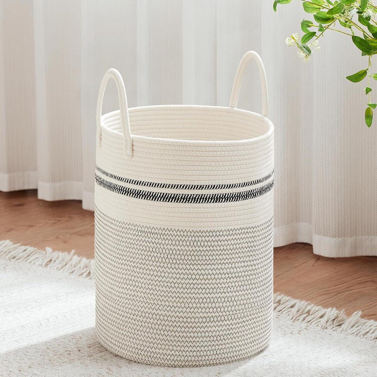 58L Tall Woven Laundry Basket Hamper, White Brown