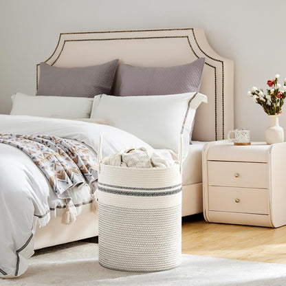 58L Tall Woven Laundry Basket Hamper, White Brown