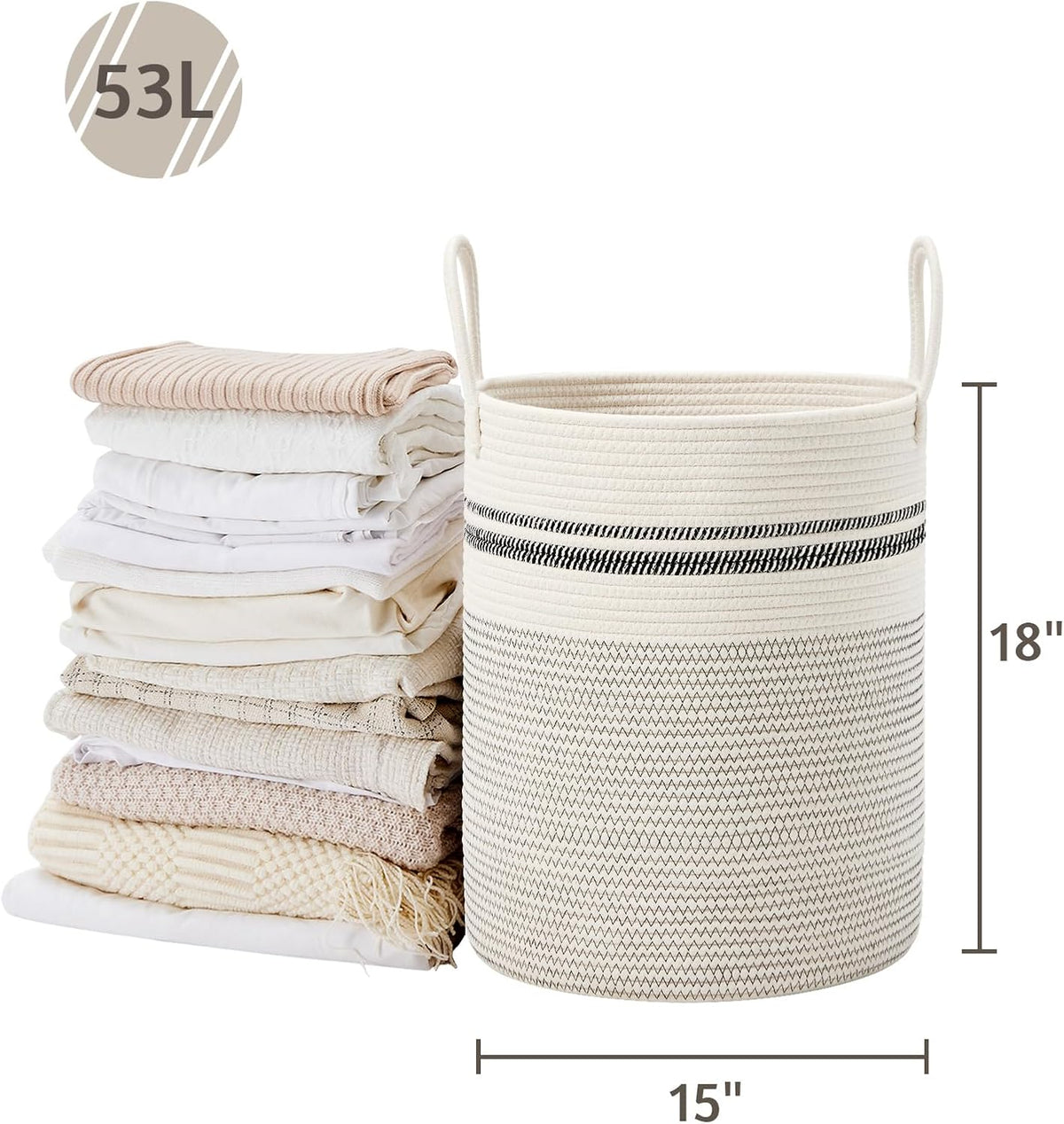 58L Tall Woven Laundry Basket Hamper, White Brown