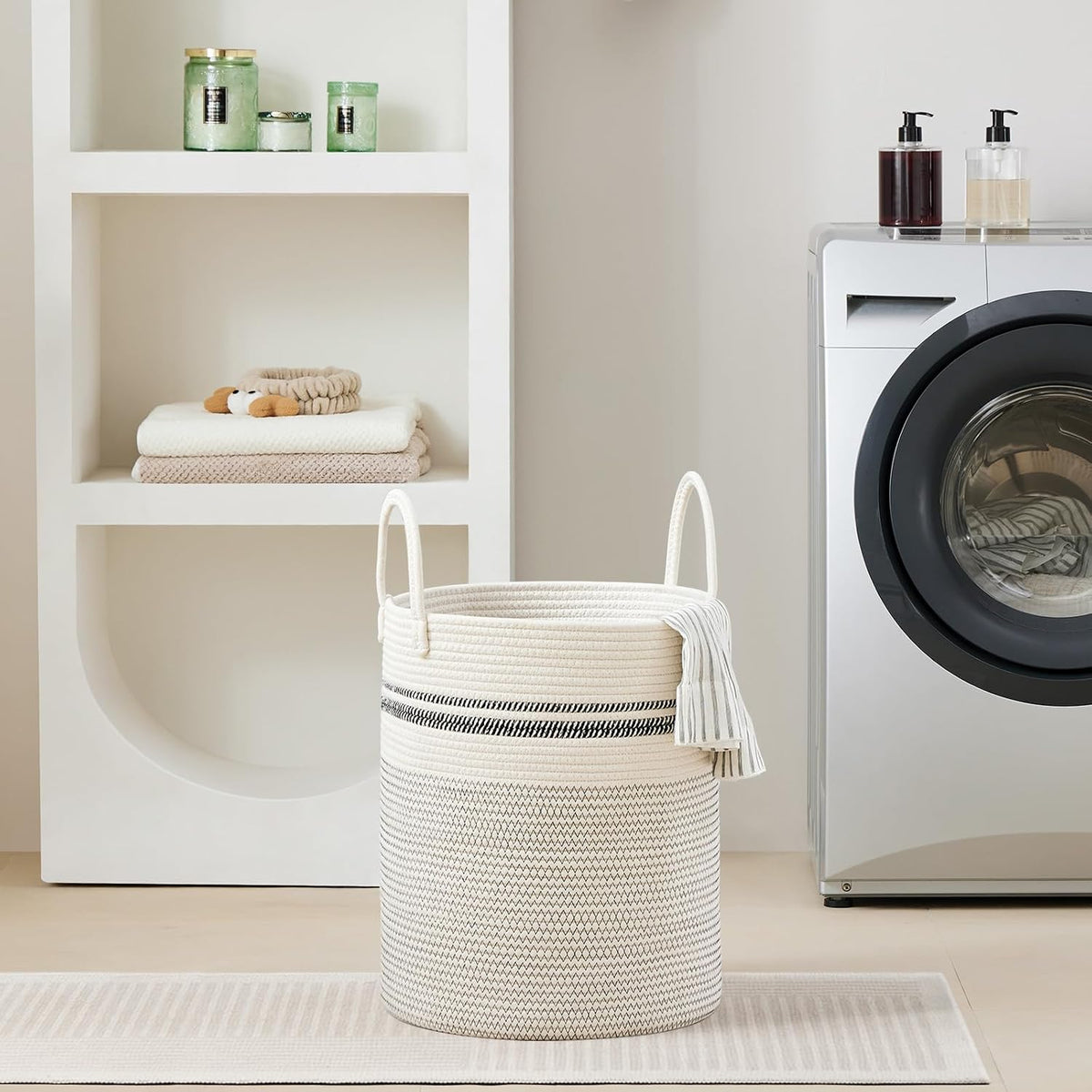 58L Tall Woven Laundry Basket Hamper, White Brown