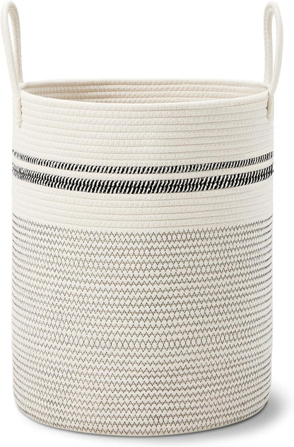 58L Tall Woven Laundry Basket Hamper, White Brown