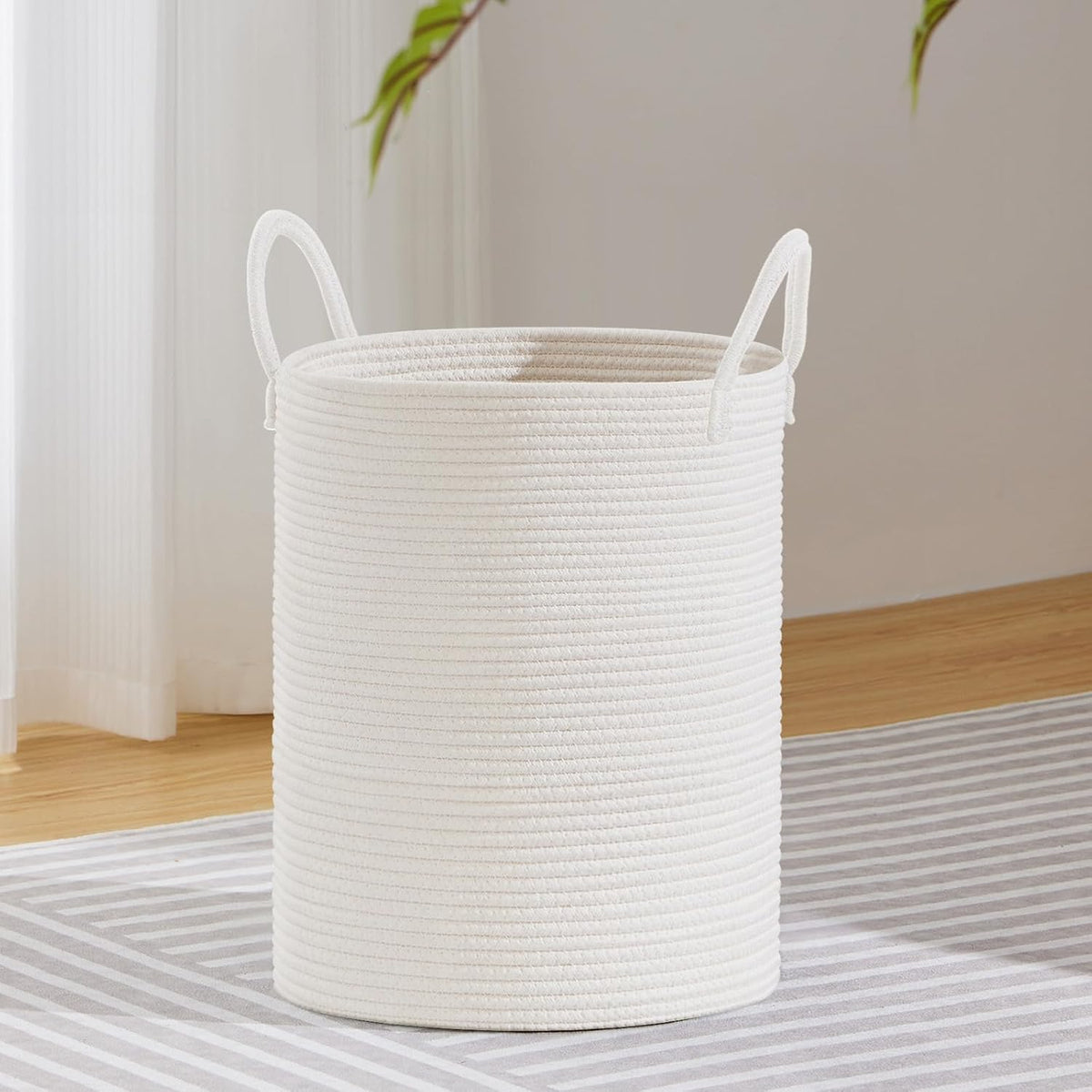 58L Tall Woven Laundry Basket Hamper, White Brown