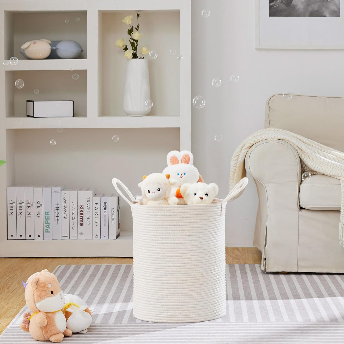 58L Tall Woven Laundry Basket Hamper, White Brown