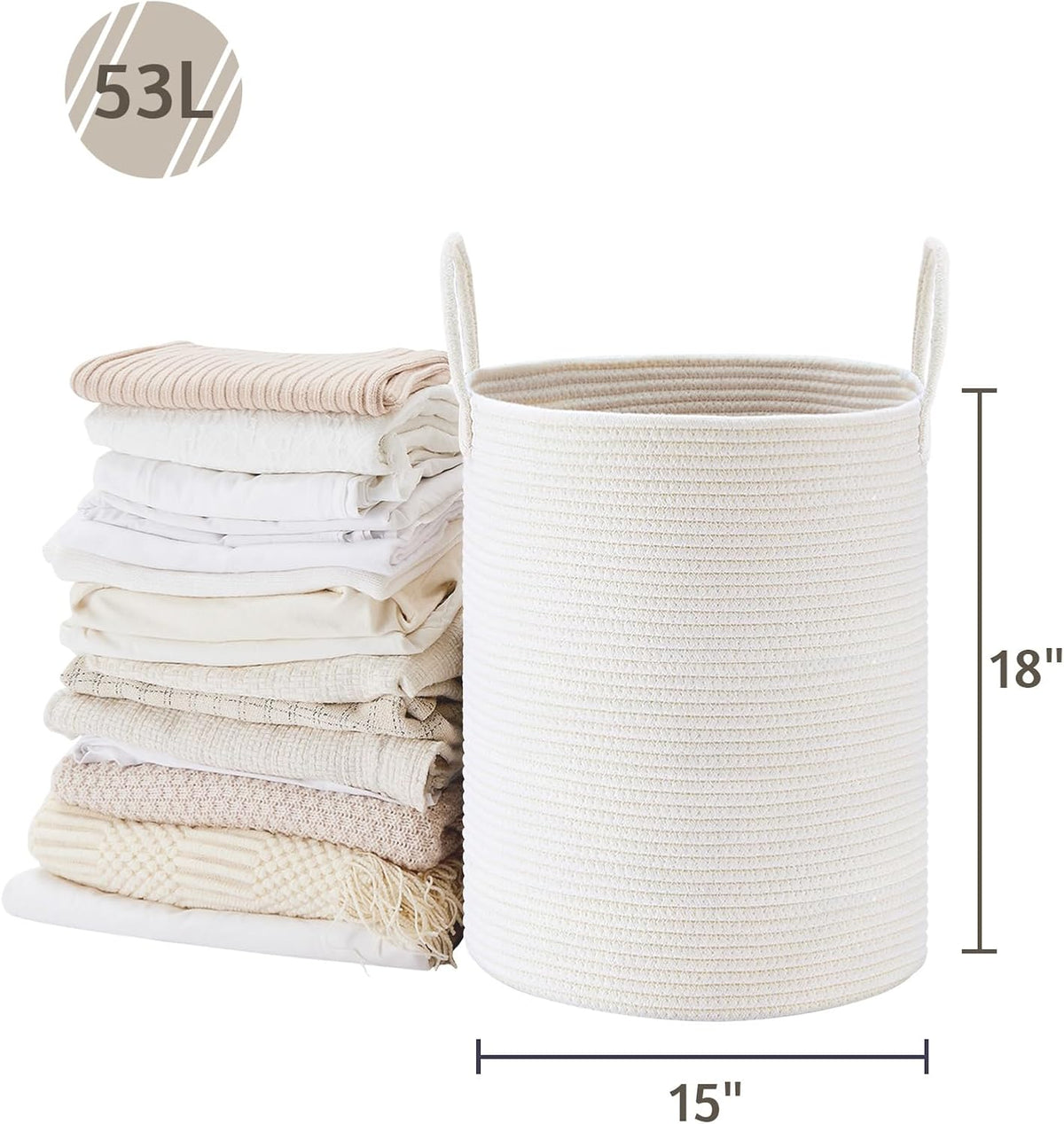 58L Tall Woven Laundry Basket Hamper, White Brown