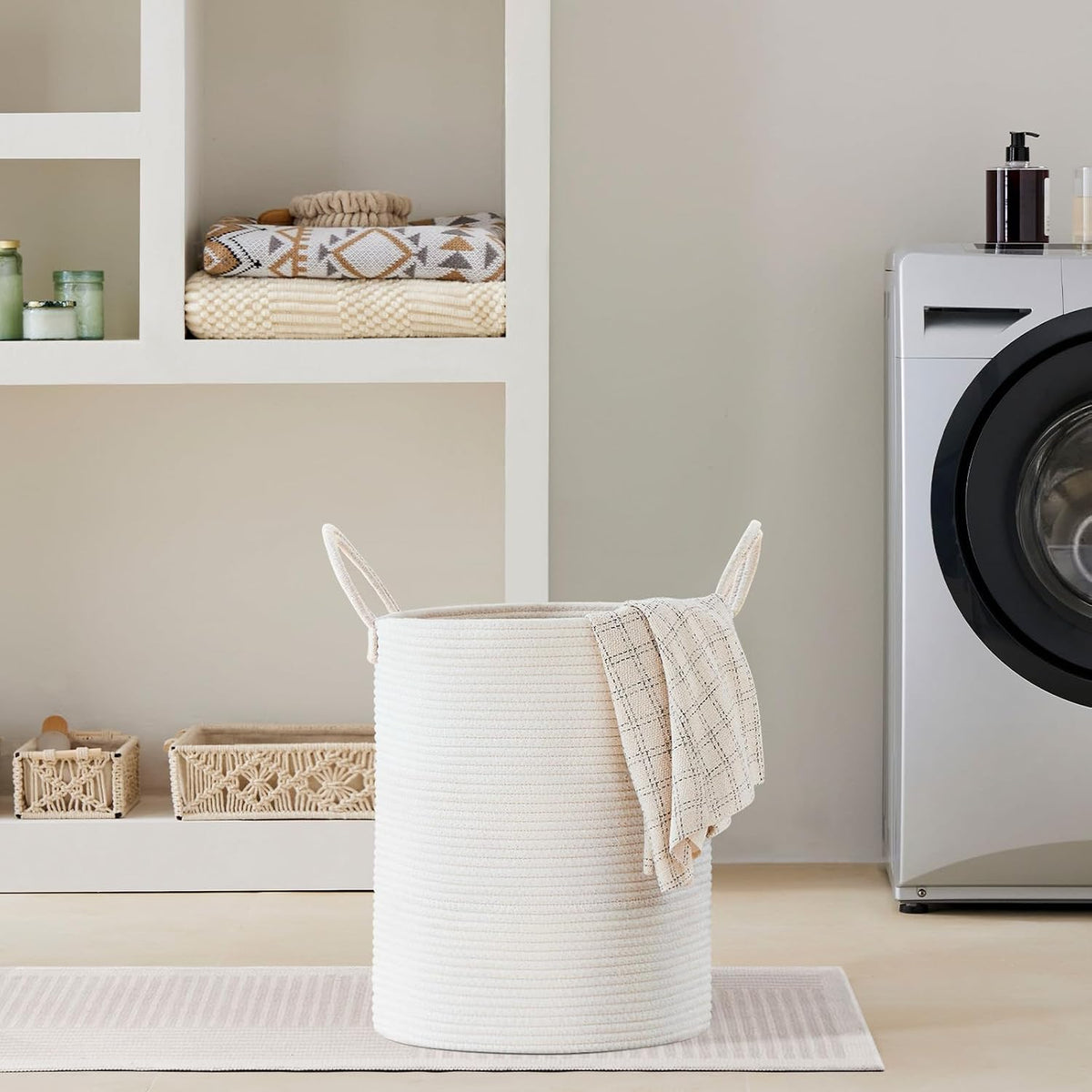 58L Tall Woven Laundry Basket Hamper, White Brown