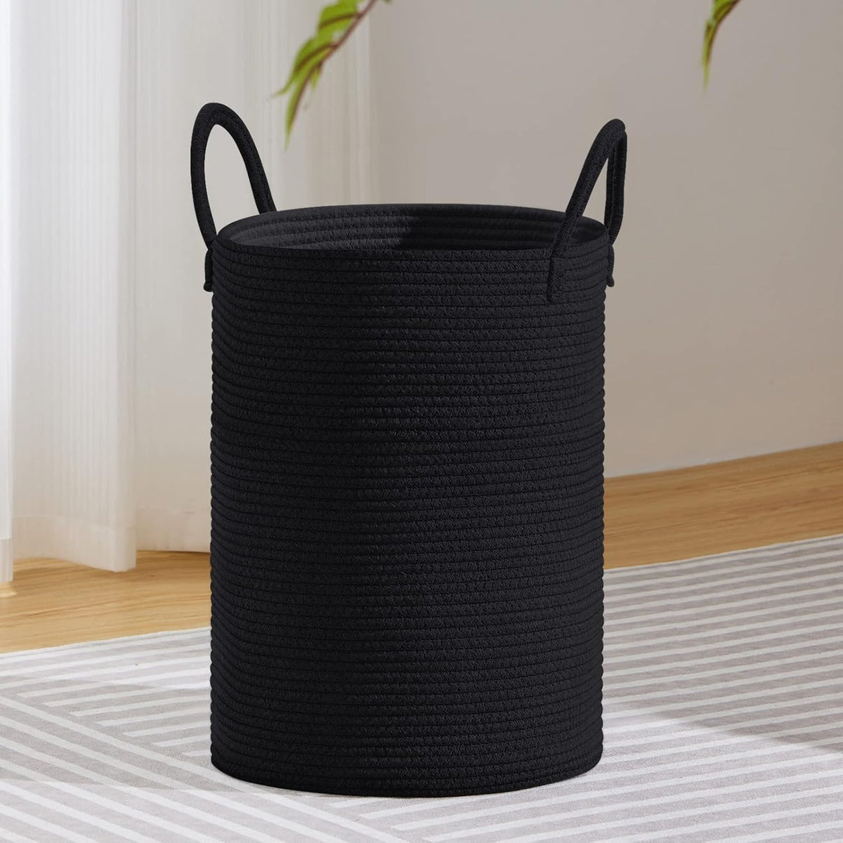 58L Tall Woven Laundry Basket Hamper, White Brown