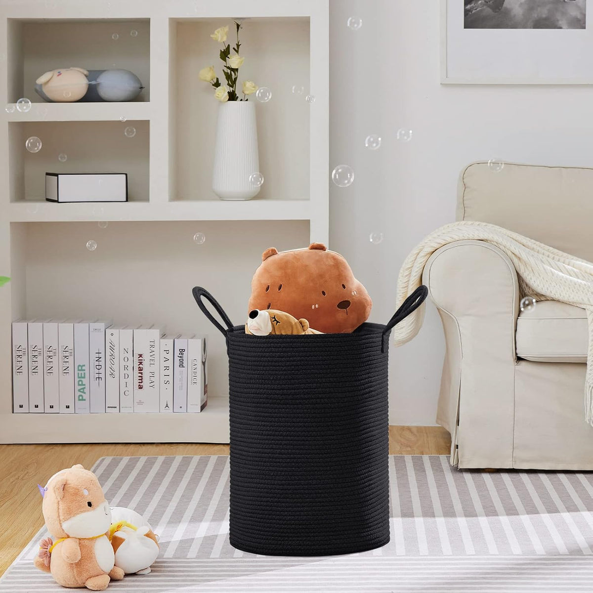 58L Tall Woven Laundry Basket Hamper, White Brown