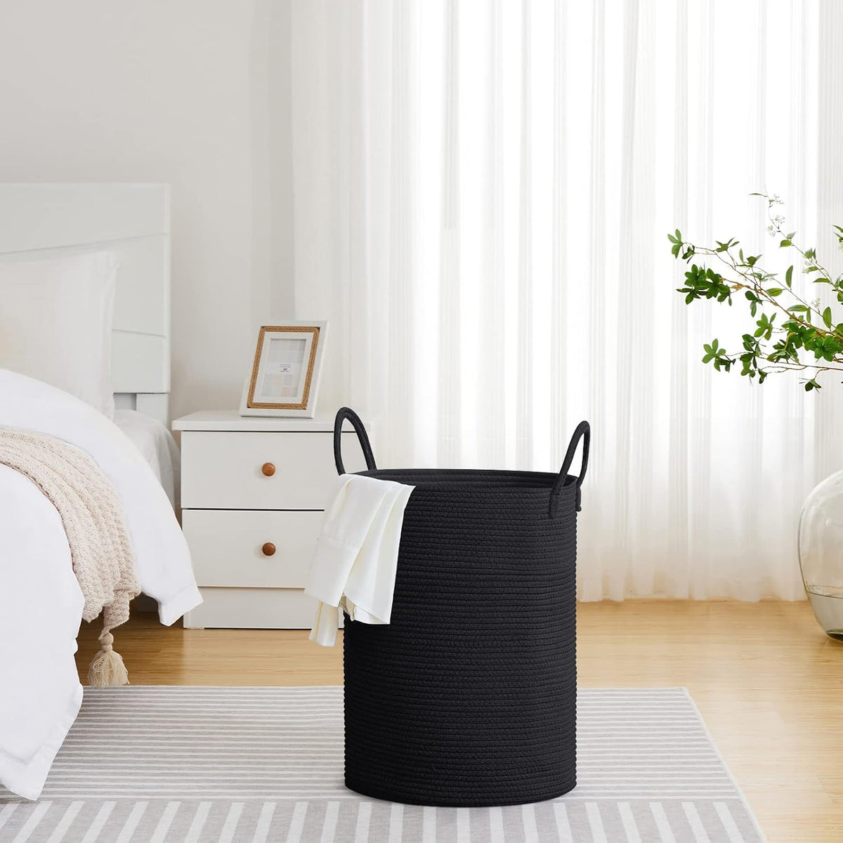 58L Tall Woven Laundry Basket Hamper, White Brown