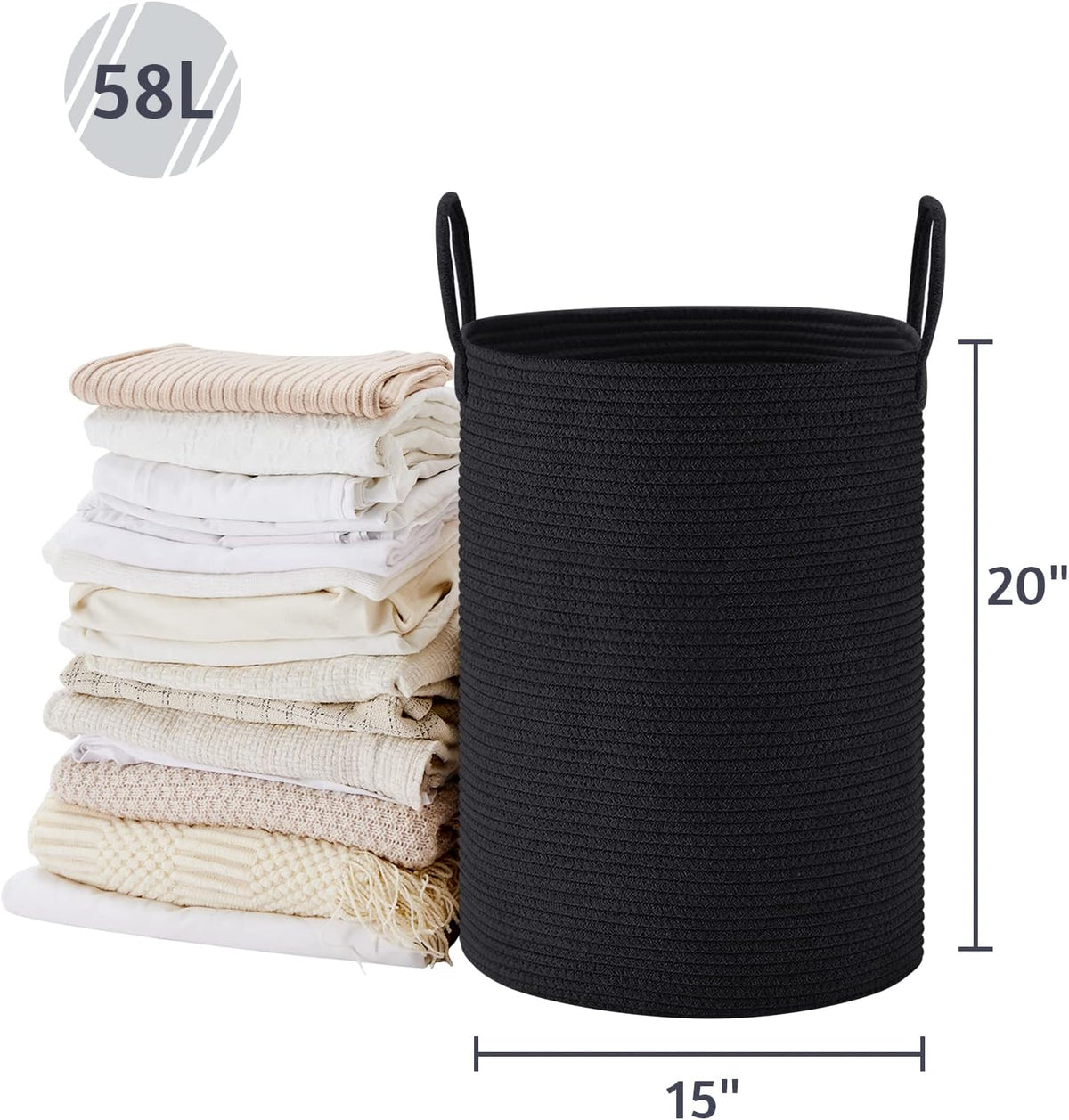 58L Tall Woven Laundry Basket Hamper, White Brown