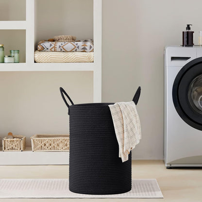 58L Tall Woven Laundry Basket Hamper, White Brown