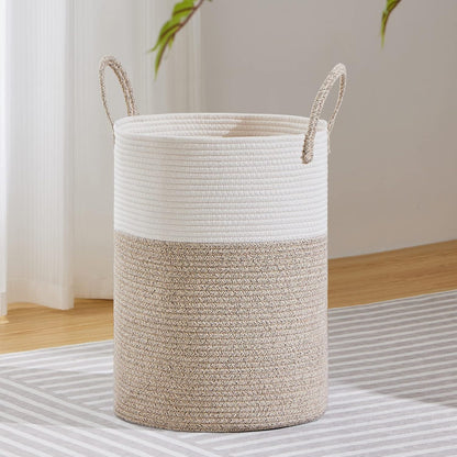 58L Tall Woven Laundry Basket Hamper, White Brown