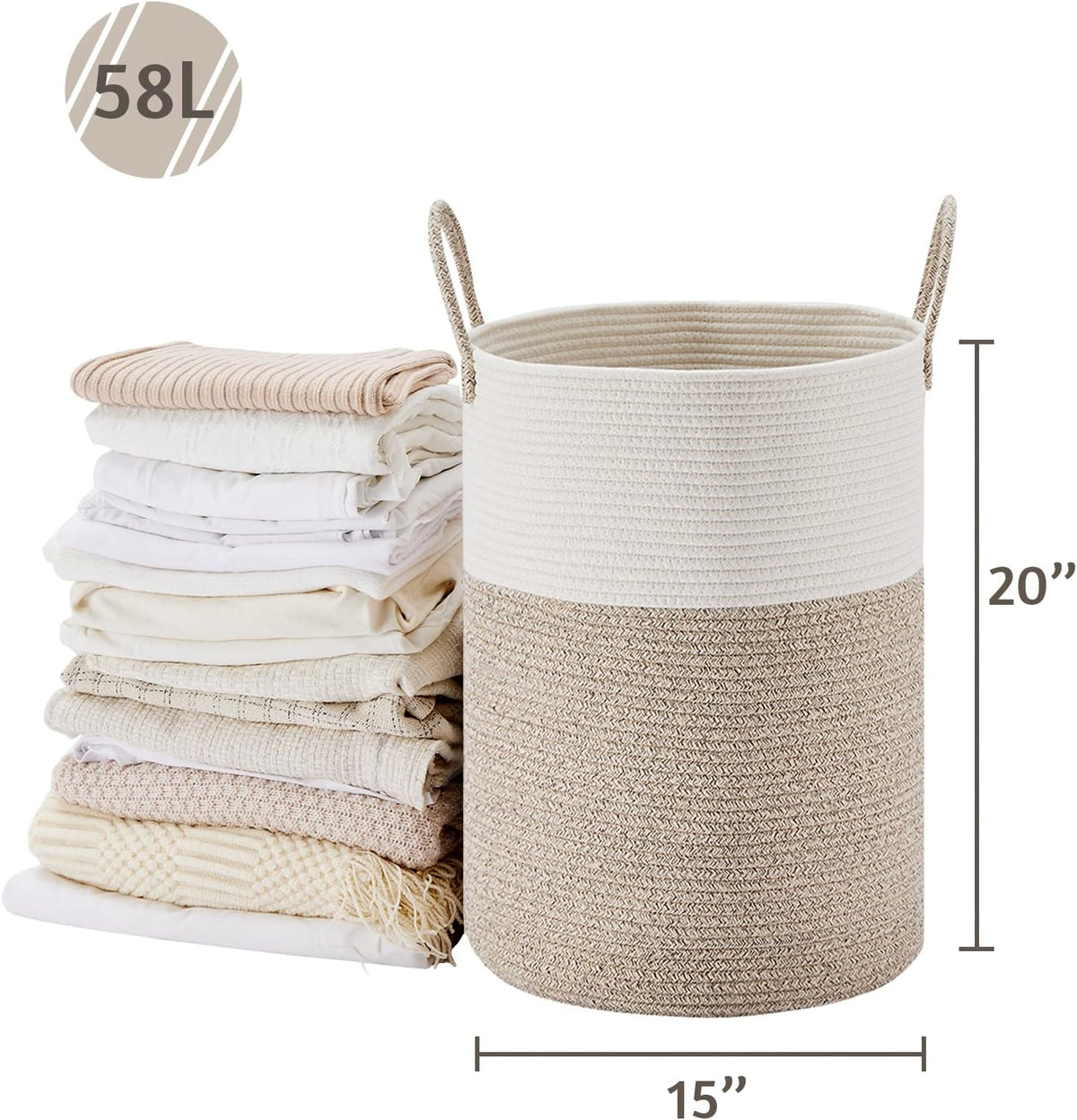 58L Tall Woven Laundry Basket Hamper, White Brown