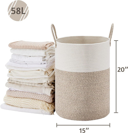 58L Tall Woven Laundry Basket Hamper, White Brown