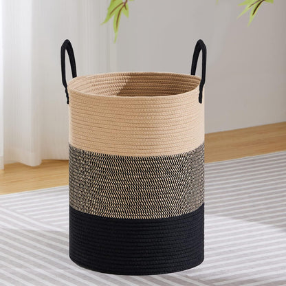 58L Tall Woven Laundry Basket Hamper, White Brown