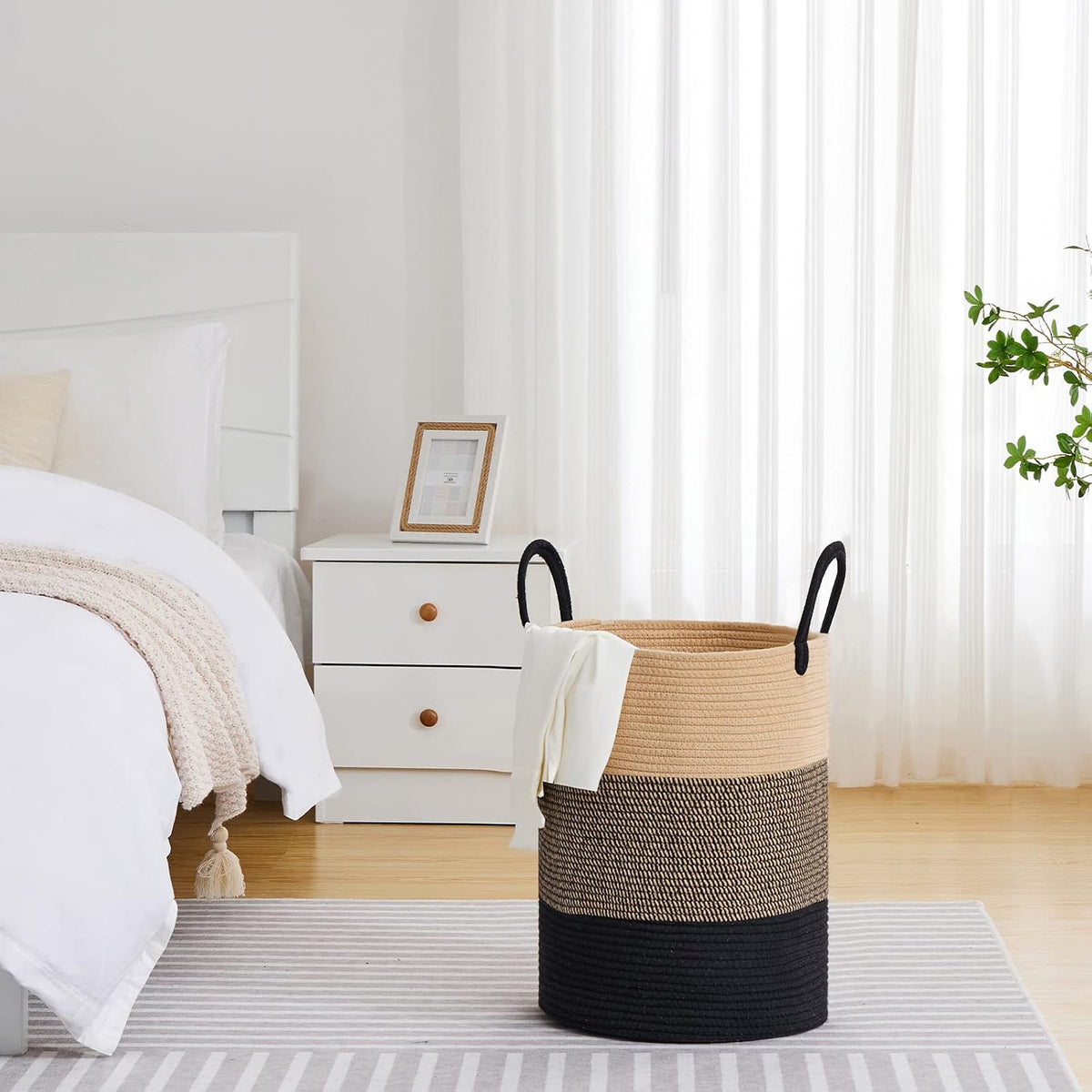 58L Tall Woven Laundry Basket Hamper, White Brown