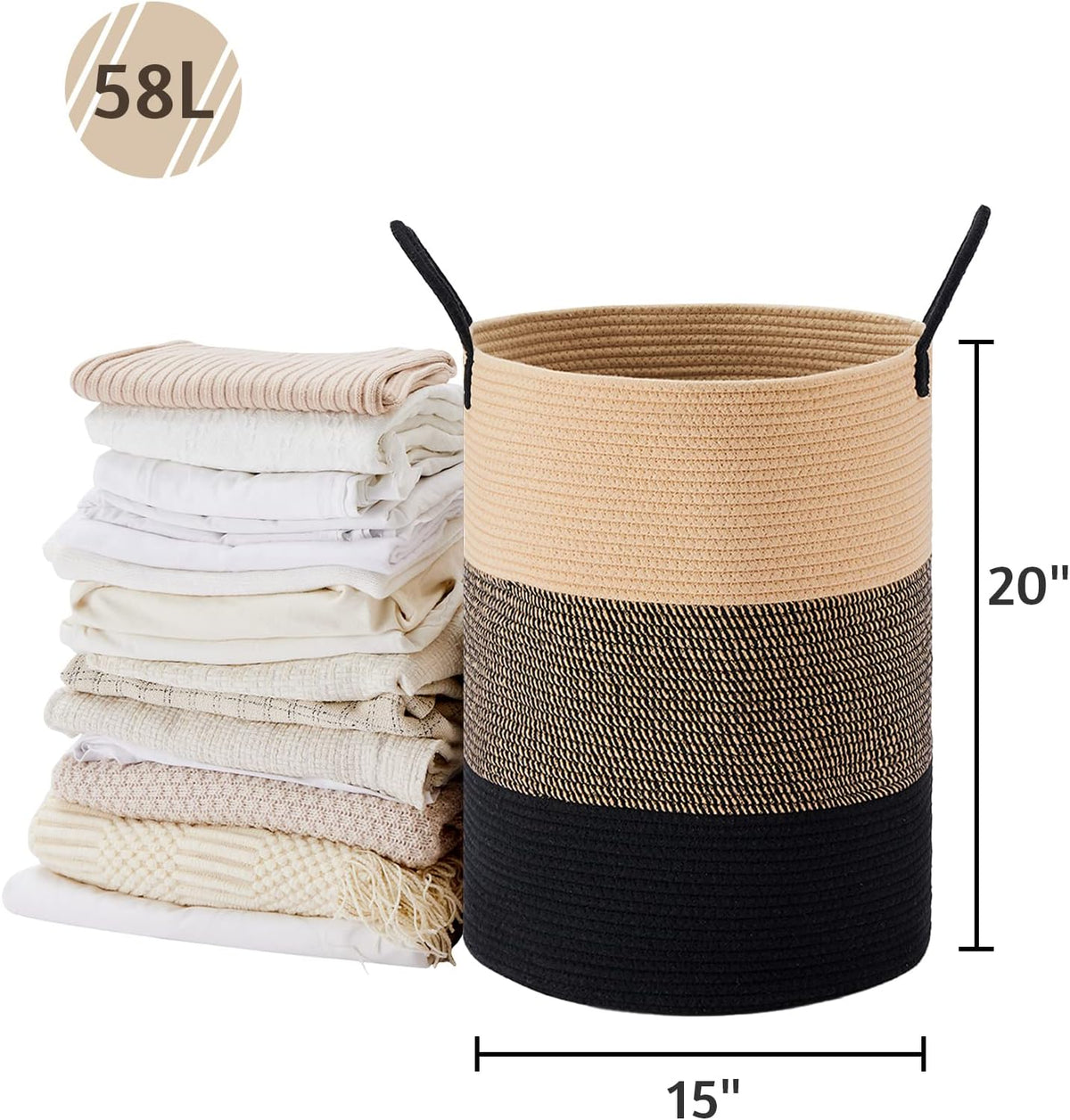 58L Tall Woven Laundry Basket Hamper, White Brown