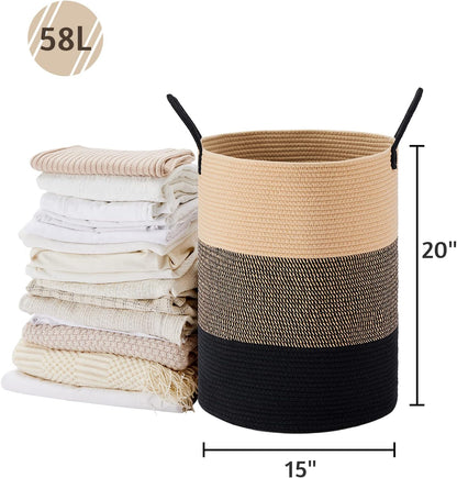 58L Tall Woven Laundry Basket Hamper, White Brown