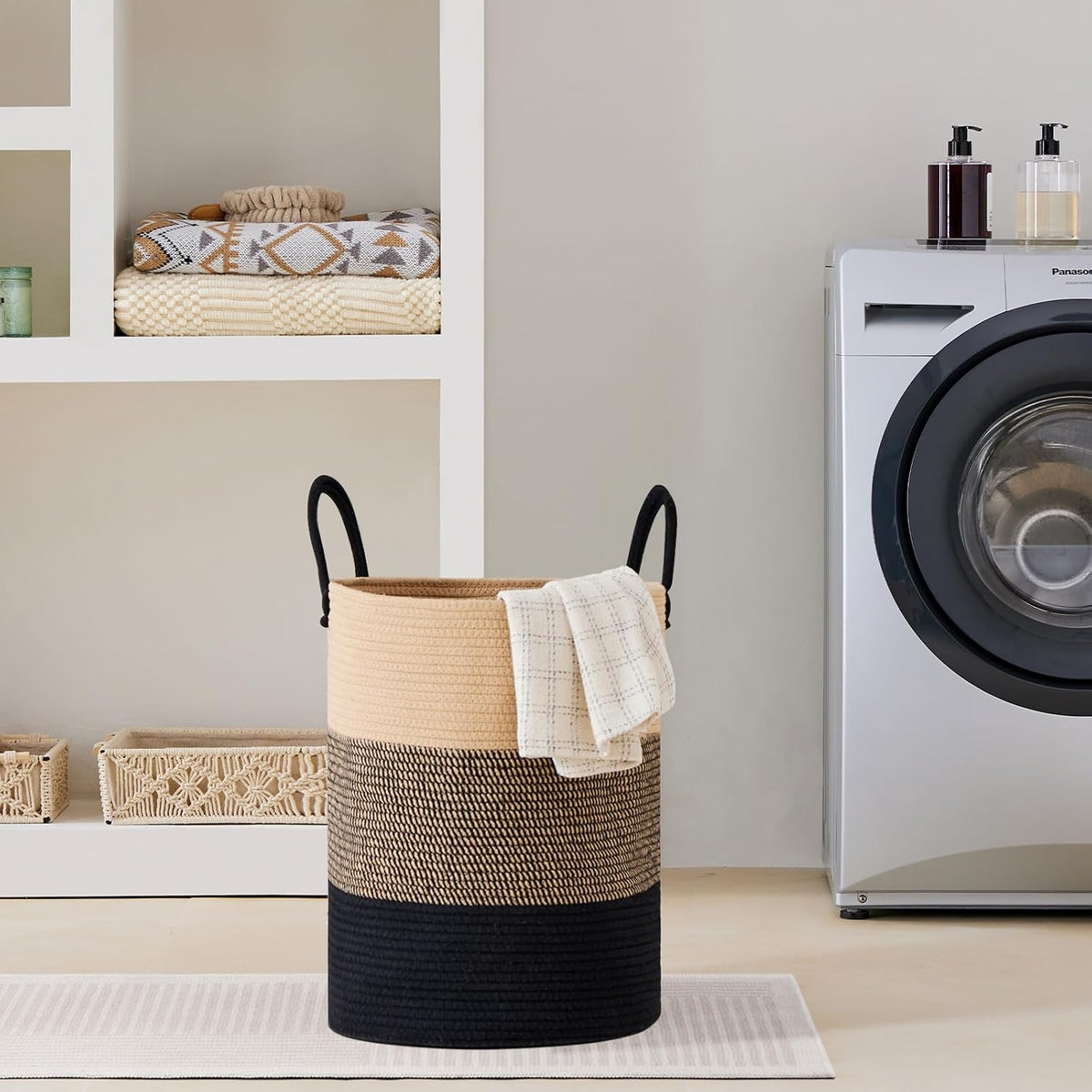 58L Tall Woven Laundry Basket Hamper, White Brown