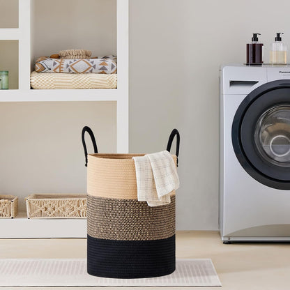 58L Tall Woven Laundry Basket Hamper, White Brown