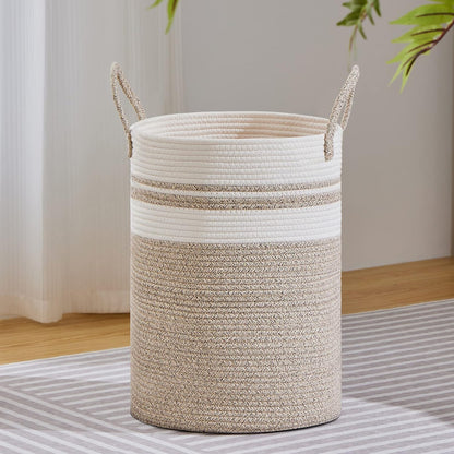 58L Tall Woven Laundry Basket Hamper, White Brown