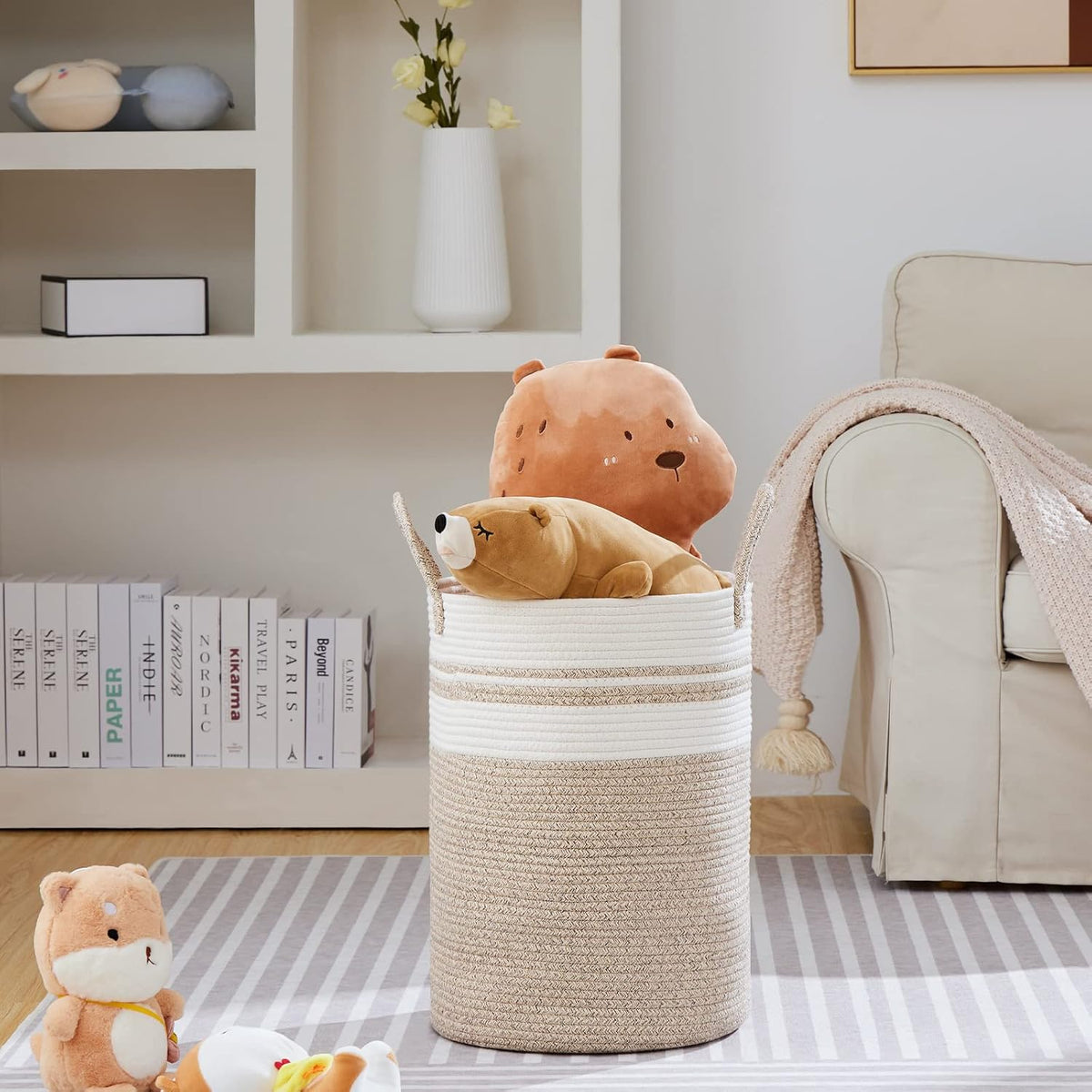 58L Tall Woven Laundry Basket Hamper, White Brown