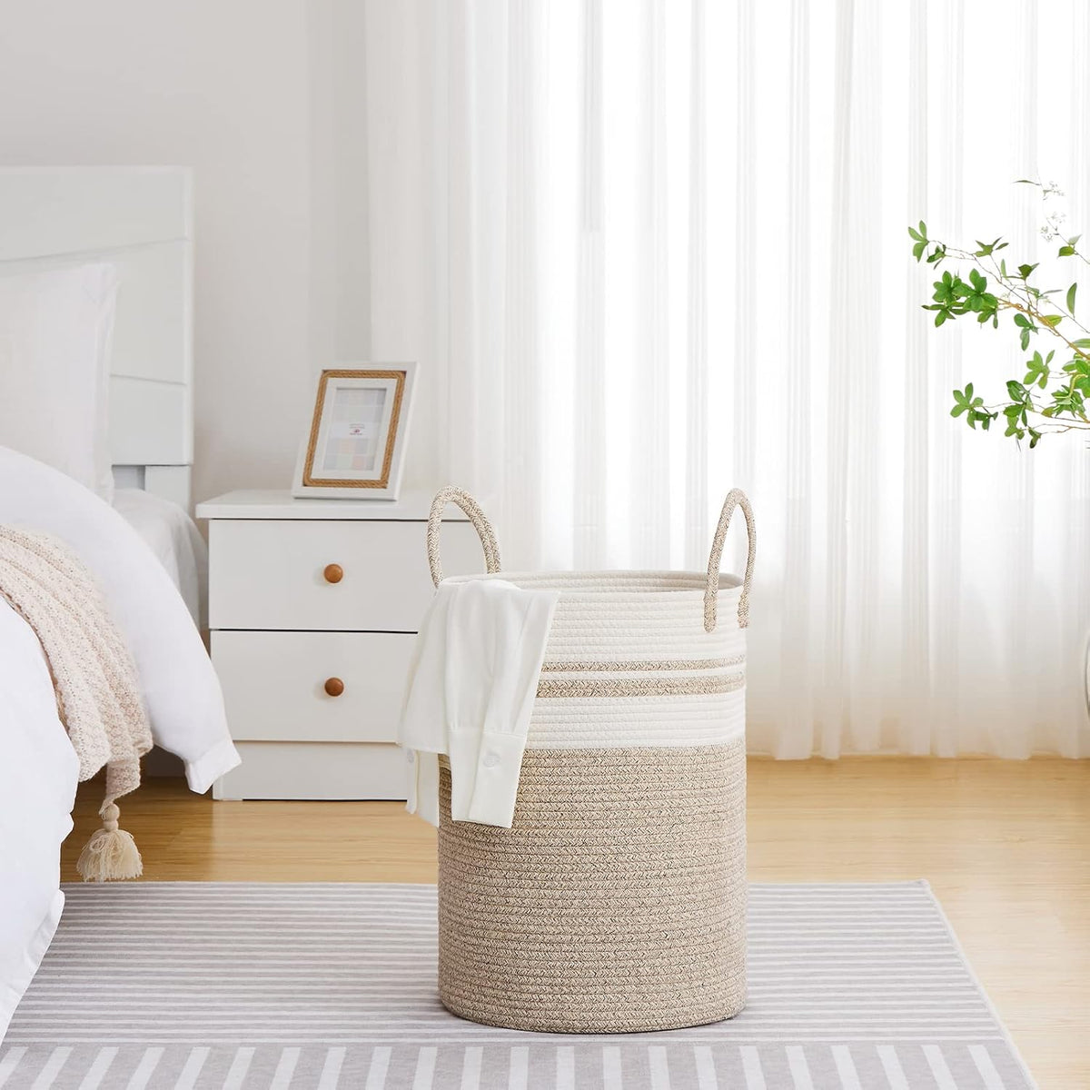 58L Tall Woven Laundry Basket Hamper, White Brown