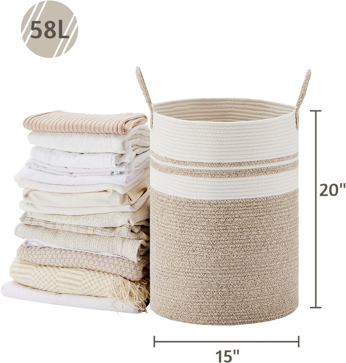 58L Tall Woven Laundry Basket Hamper, White Brown