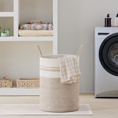 58L Tall Woven Laundry Basket Hamper, White Brown