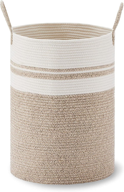 58L Tall Woven Laundry Basket Hamper, White Brown